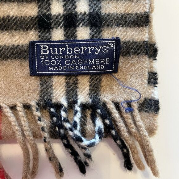Burberrys Of London Vintage 100% Cashmere Classic Beige Nova Check Fringe Scarf - Picture 4 of 7